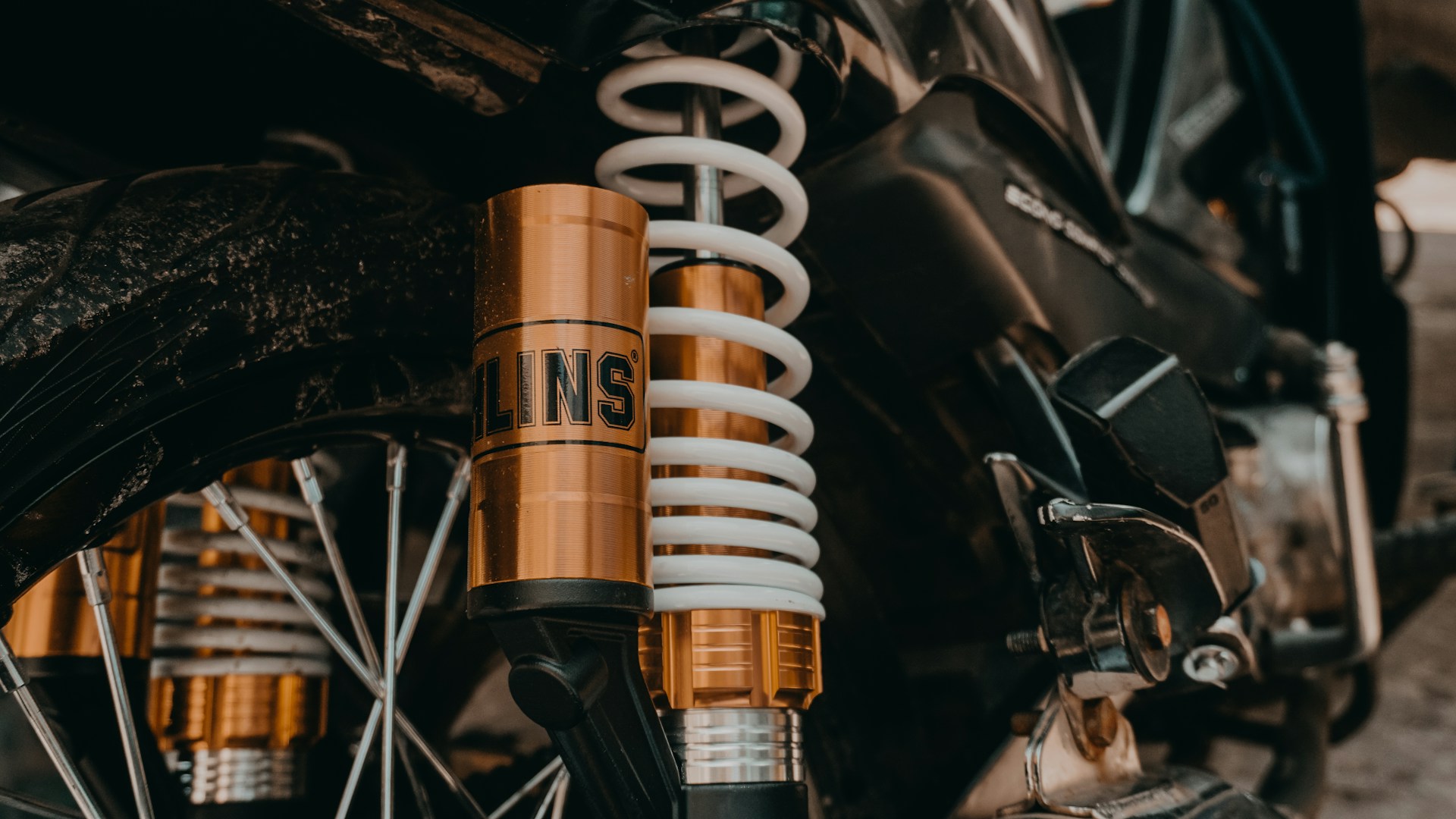 White and gold motorcycle suspension springs.